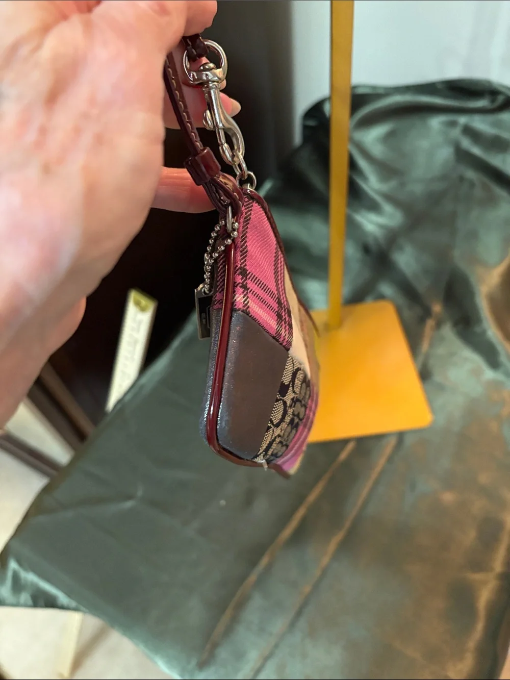 Coach Pink Multi Patchwork Wristlet with Green Accent